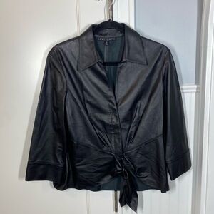 Lafayette 148 black lambs leather belted top Size 10 contemporary‎ sexy office